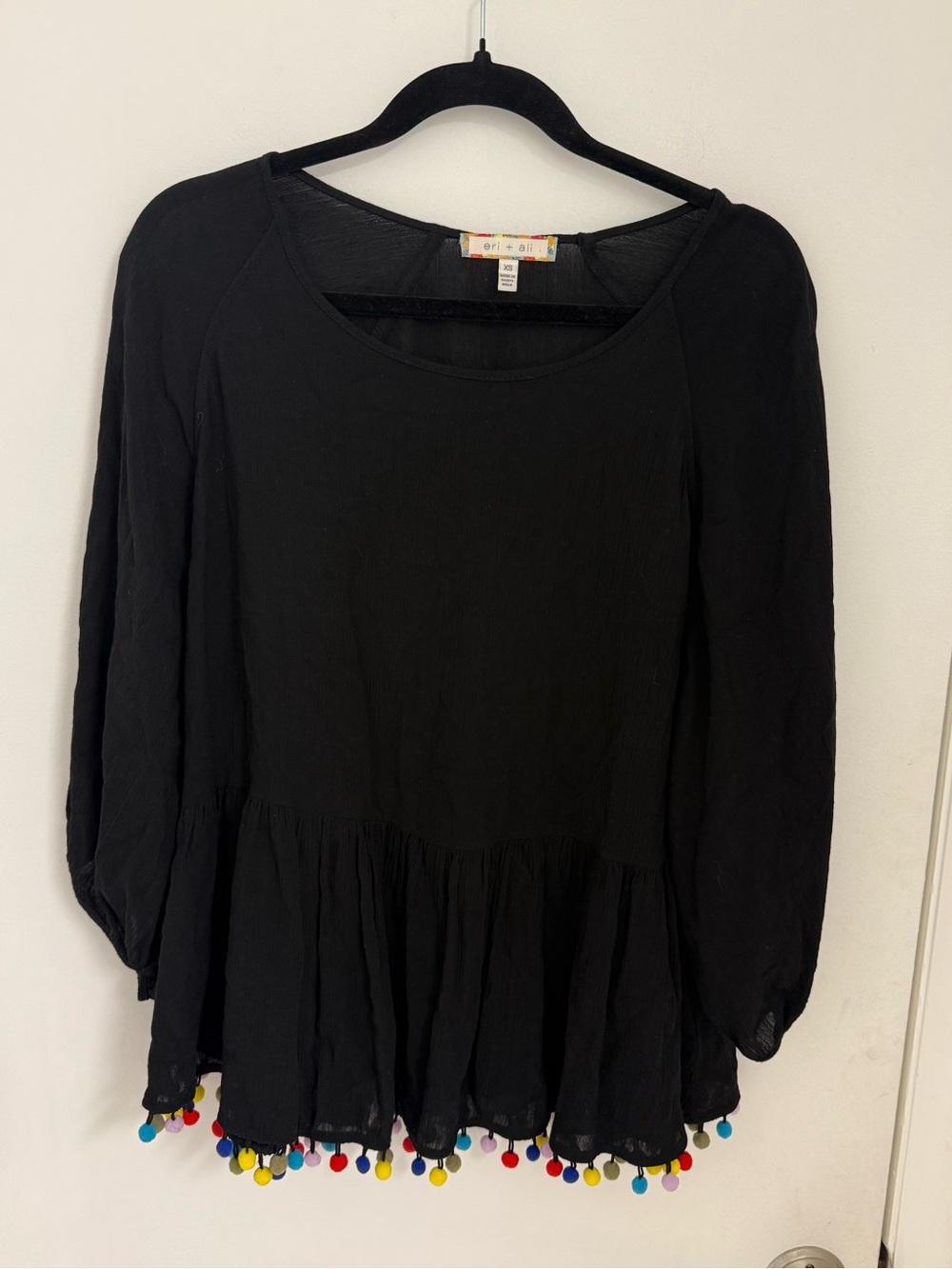 Anthropologie Eri + Ali Black Pom-Dipped Peplum Boho Blouse Size XS